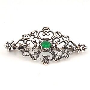 Antique German Victorian 800 Silver Filigree Brooch c.1900 Green Glass Cabochon